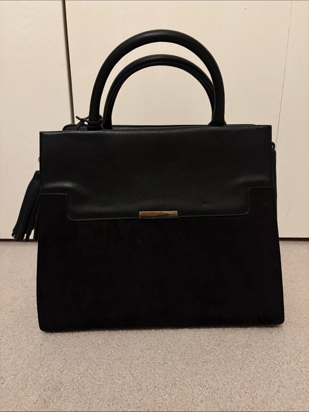 Structured Black Two-Texture Satchel Handbag